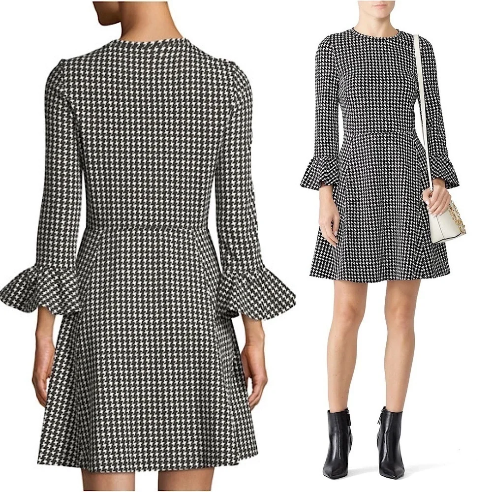 KATE SPADE Houndstooth 3/4 Ruffle Sleeves Stretch Crepe Fit & Flare Dress Size S